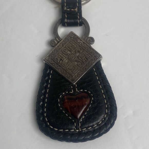 Brighton Leather Key Fob Black Brown Heart Silver Tone Vintage Style - Picture 5 of 7